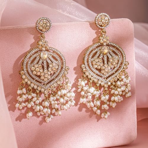 Image of Rubans Chandelier Earrings Kundan Pearl Traditional Jewellery Wedding Festive Gift for Women & Girls