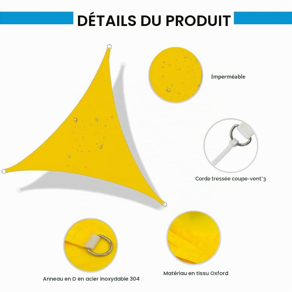 Voile D'ombrage Triangulaire Toile Ombrage Imperméable Protection 95% UV pour Patio Jardin, Terrasse,Extérieur, Balcon (3x3x3m,Jaune)