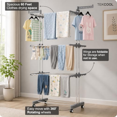 Image of TEKCOOL Foldable Cloth Drying Stand Stainless Steel - 3 Tier Heavy-Duty Clothes Dryer for Balcony, Indoor & Outdoor Use | with Wheels & Hanger Slots | Rust-Proof Laundry Rack (Grey, 3 TIRE)?.