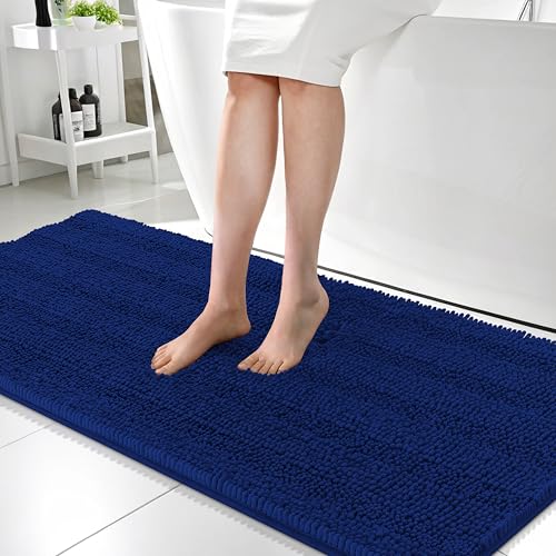 Image of OLANLY Thick Bathroom Runner Rugs 59x24, Absorbent Chenille Striped Bath Rugs, Rubber Backing, Machine Wash Dry, Extra Long Bath Mats for Bathroom Floor, Tub and Shower, Home Decor Accessories, Navy