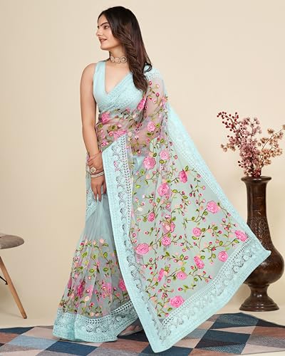 Image of VAIRAGEE Women's Beautiful Soft Net Embroidery Saree With Unstitched Blouse 6079
