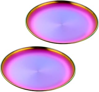 Buyer Star 2-Piece Stainless Steel Dinner Plates Dessert Salad Plates Set Indian, 9.1 Inch Colorful Round Metal Platter for Camping, Unbreakable and Reusable Dishwasher Safe