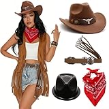KAHDGSS Paquete de vestimenta de vaquera para fiesta temática de cosplay que contiene sombrero bohemio, bandana, accesorios para cinturón, paquete de disfraz de vaquera para fiestas de Halloween