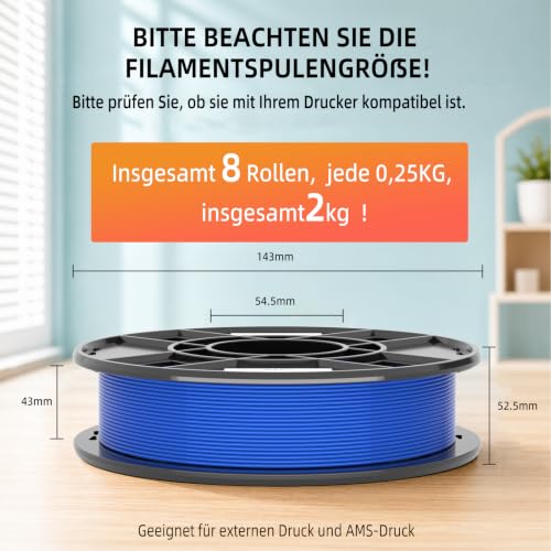 Image of 3DHoJor PLA+ 3D Printer Filament Bundle, Multicolor PLA+ Filament 1.75mm, Vacuum Packed, 0.25kg*8 Pack, 2kg Total, White+True Red+Orange+Yellow+Green+Space Blue+Blue+Pink