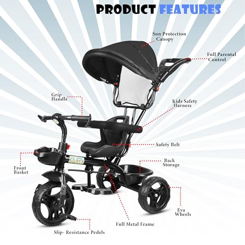 Image of BABY SMILE 4-in-1 Kids Tricycle with Adjustable Canopy, Parent Push Handle, Red and White (Black)
