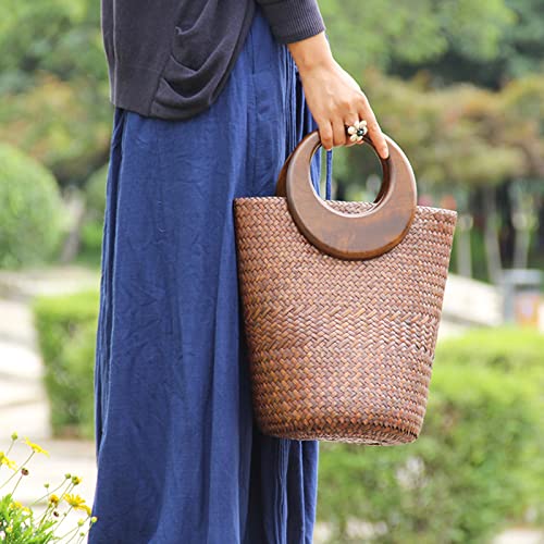 Bolso de playa de rattan tejido con asa de madera miniatura 6