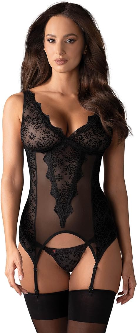 Obsessive schickes figurbetonendes Dessous-Set aus edlem Korsett-Body mit Strumpfhaltern und String in toller Geschenkbox