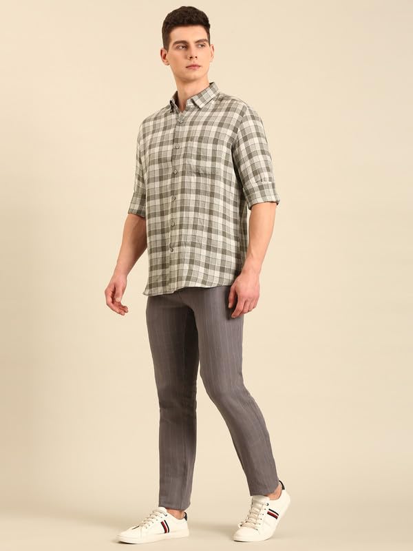 Image of Linen Club Men's Pure Linen Checked Contemporary Fit Full Sleeve Casual Shirt