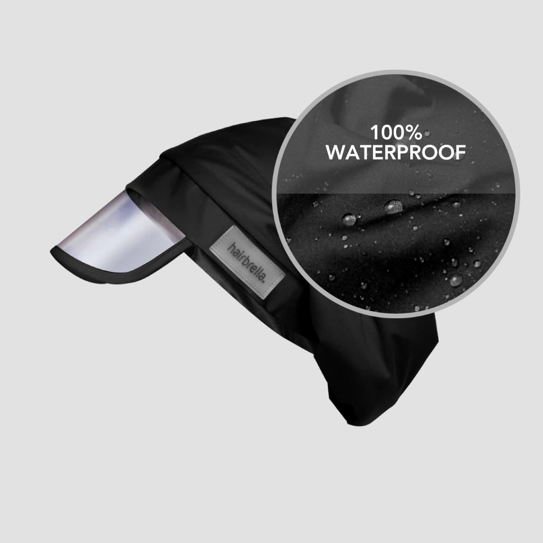 Hairbrella Frauen Wasserdichte Regen-Hut mit 100% Haarabdeckung, Satin Futter, UV-Schutzvisier, und zusammenklappbarer versteckter Tasche für Reisen