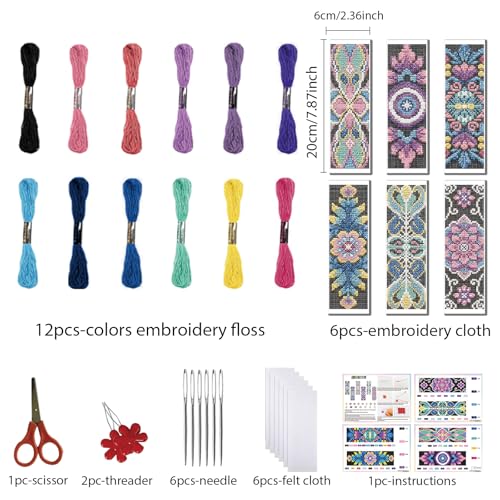 Image of FREEBLOSS 6 Set Cross Stitch Bookmark Kit 11 CT Complete Stamped Cross Stitch Kit DIY Embroidery Bookmark Kits for Adult Beginners with Instructions, Retro Floral Pattern, 6 x 20 cm /8 inch x 2.4 inch