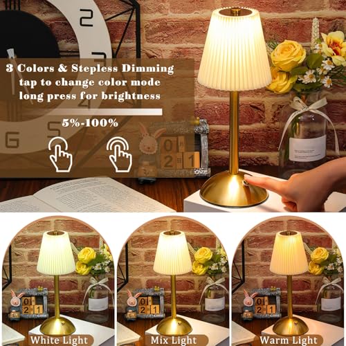 Image of Liliful 2 Pcs Cordless Table Lamp Rechargeable Touch LED Small Gold Portable Battery Operated USB-c Desk Lamp 3 Color Dimmable for Bedroom Living Room Dining (Gold,Beige Cloth Style)