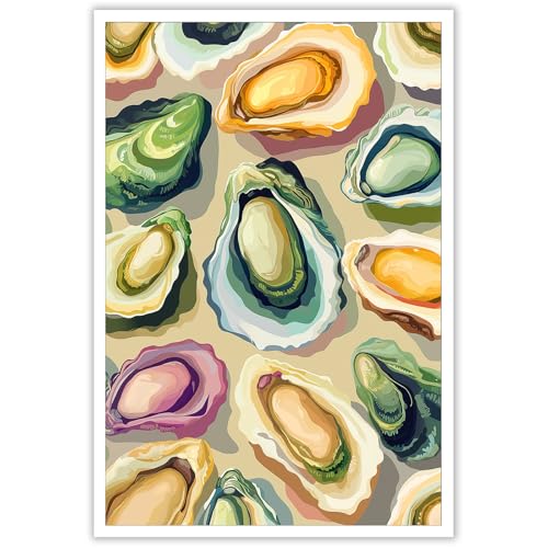 Image of Colorful Beachy Shell Canvas Wall Art Funny Coastal Oyster Shell Poster Abstract Summer Seaside Beach House Prints Painting For Home Living Room Kitchen Restaurant Wall Decor 16x24in Unframed