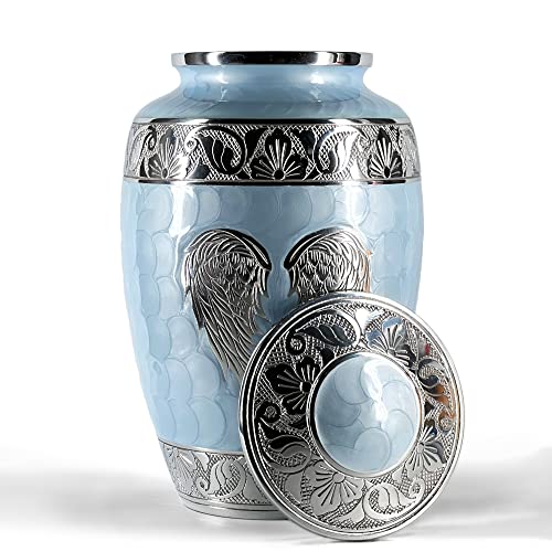 Image of Cremation Urns for Human Ashes Adult Female and Male - Decorative Large Burial Funeral Urn with Angel Wings Design, Sky Blue