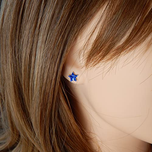 Set Of 2 Pairs 925 Sterling Silver American Usa Flag Heart Stud And Red & Blue Crystals Star Earrings (Nickel Free) #TOP2