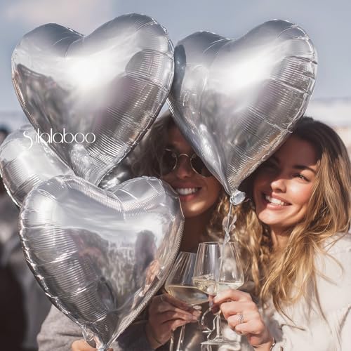 Image of 15Pcs Silver Heart Foil Balloons 18 Inch Helium | Heart Shaped for Valentines Day Engagement Anniversary Birthday Bridal Wedding Party Decorations