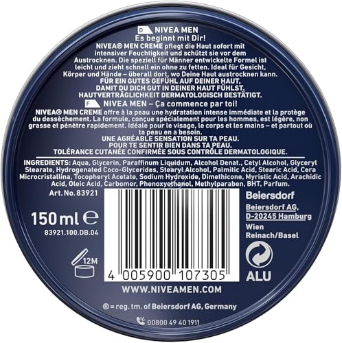 NIVEA MEN Creme, pflegende Hautcreme mit Vitamin E für intensive Feuchtigkeit,Hautpflege für Männer, ideal für Körper, Gesicht und Hände (150 ml)