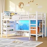 DICTAC Low Loft Bed Twin Size with Reading Corner Metal Twin Loft Bed with LED Lights,Sling Drawers and Bookshelf,loft Bed with Storage Basket and Bins,13.98' H Safety Guardrail and Stairs,White