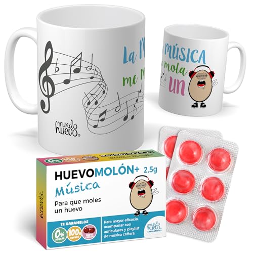 Pack Regalo Original: Taza Divertida “La Música me Mola un Huevo” + Caramelos Huevomolón | Detalle Gracioso para Músicos y Amantes de la Música