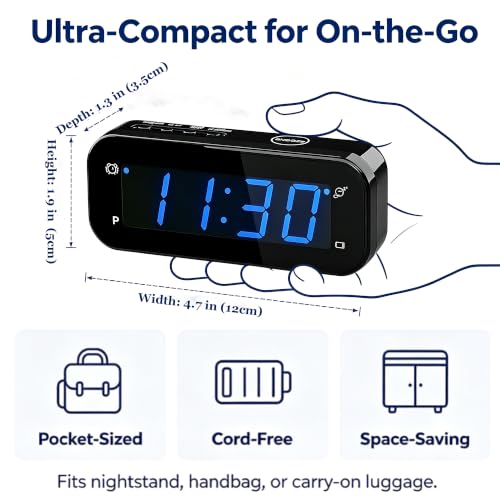 Image of Small Digital Alarm Clock with Temperature Display - Battery Operated,Adjustable Brightness,Snooze,12 /24Hr,Cordless,Night Mode - Ideal Beside Clock for Bedroom Desk Travel (Blue Display)
