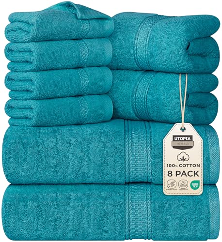 Utopia Towels 8 Piece Premium Towel Set, 2 Bath, 2 Hand, and 4 Wash Cloths, 600 GSM 100% Ring Spun Cotton, Highly Absorbent Towels for Bathroom, Gym, Hotel, and Spa, Teal