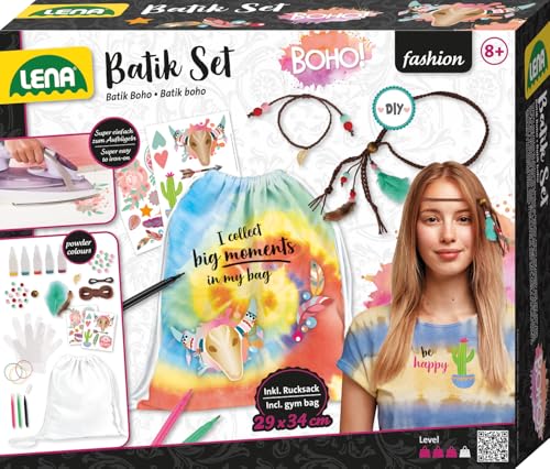 Lena 42608 Bastelset Batik Boho, DIY Rucksack, Komplettset mit Leinenrucksack 29 x 34 cm, 5 Batikfarben, 3 Textilstifte, Bügelfolien, Haarperlen und Flecht-Haarband für Kinder ab 8 Jahre, Mittel