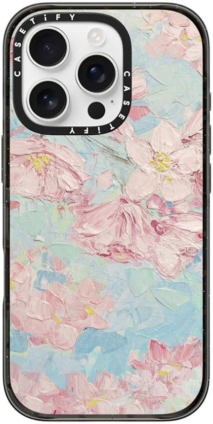 CASETiFY Impact Case for iPhone 16 Pro [Slim / 8.2 ft. 4X Military Grade Drop Protection/Wireless Charging Compatible] - Yoshino Cherry Blossoms - Clear Black