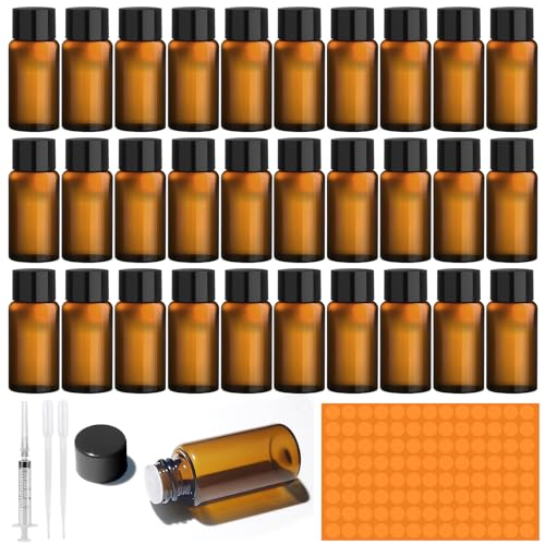 Amentalove 30PCS 5ml Pequeños Recipientes de Aceites Esenciales, Botella de Cristal, Muestras de Vacías Transparente, Frascos de Vidrio de Muestra Pequeños para Aceite Perfumes Aromaterapia