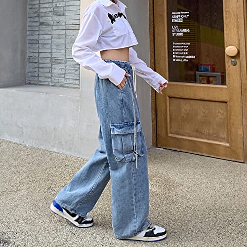 Baggy Jeans for Women High Waist Y2K Boyfriend Casual Loose Wide Leg Drawstring Cargo Pants with Pockets4