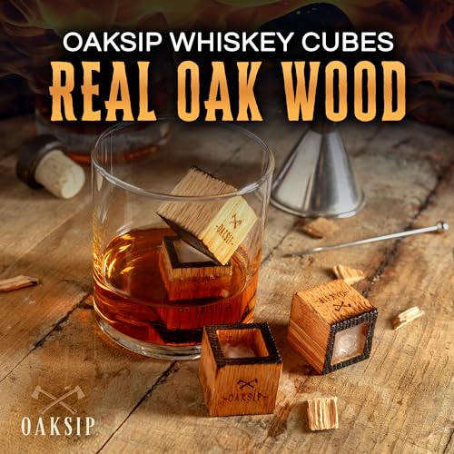Image of Oaksip Wooden Bourbon and Whiskey Stones Set | Bourbon Gifts for Men, Real Oak & Charred Like A Whiskey Barrel | Great Whisky Gifts for Husband Dad or Brother for Men Who Have Everything