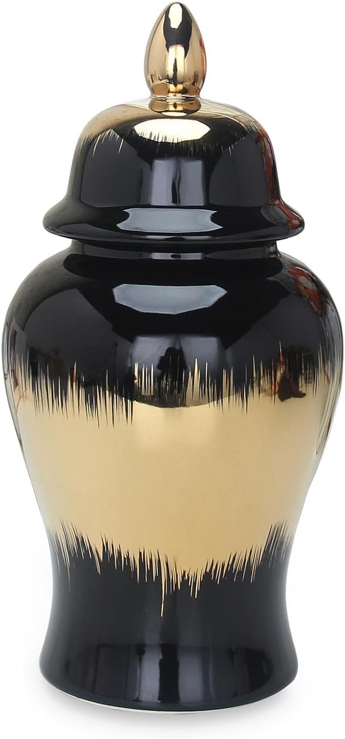 Vase Tabletop Regal Black Gilded Ceramic Accent Decorative with Removable Lid