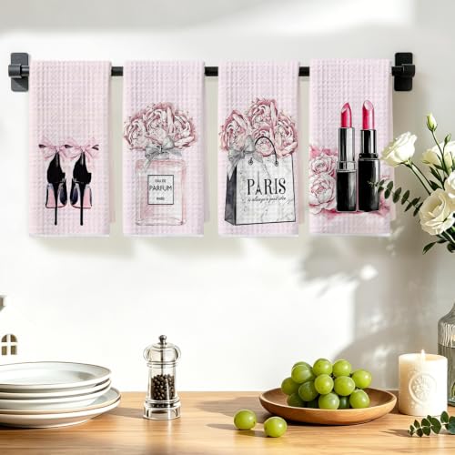 Image of Hanamiya Na 4 Pcs Pink Hand Towels, Perfume Bow Decor Reusable Dish Towels