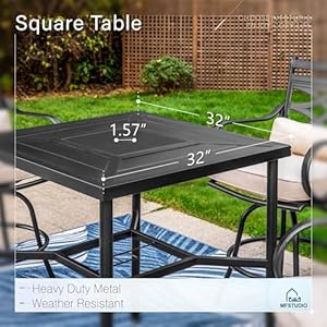 MFSTUDIO 5 PCS Outdoor Patio Bar Sets Heavy Duty Metal 4 Swivel Counter Height Chairs with Seat Back Support Cushion 1 Square Metal High Table Black