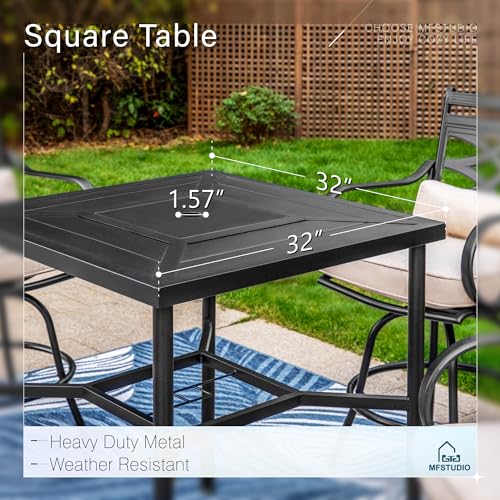 MFSTUDIO-5-PCS-Outdoor-Patio-Bar-Sets-Heavy-Duty-Metal-4-Swivel-Counter-Height-Chairs-with-Seat-Back-Support-Cushion-1-Square-Metal-High-Table-Black MFSTUDIO 5 PCS Outdoor Patio Bar Sets Heavy Duty Metal 4 Swivel Counter Height Chairs with Seat Back Support Cushion 1 Square Metal High Table Black