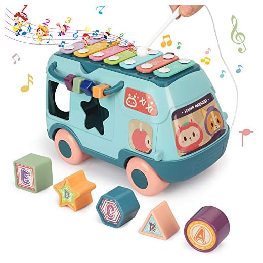 Fansteck Shape Sorter with Five Colorful Shape Blocks, Shape Sorter Toys for Toddlers, Music Bus Modeling with Different Kinds of Music, Educational Toys for Baby to Improve Sound Perception (Blue)