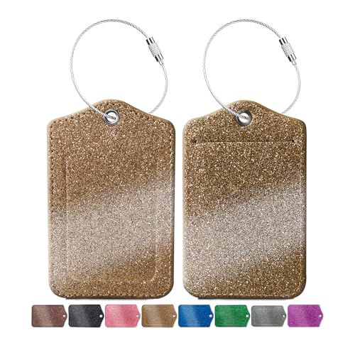 2 Pcs Luggage Tags for Suitcase, Cute Unique PU Leather Travel Bag Tag with Privacy Cover ID Label Address Card and Durable Metal Ring Suitable for Men Women Backpack (Glitter Gold)
