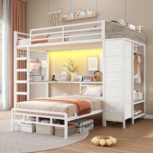 VIAGDO Bunk Bed Twin Over Twin with Hall Tree, Charging Station and LED Lights, L-Shaped Bunk Bed with Desk, 5 Storage Drawers, Twin Bunk Beds with Guardrail & Stairs, No Box Spring Needed, White