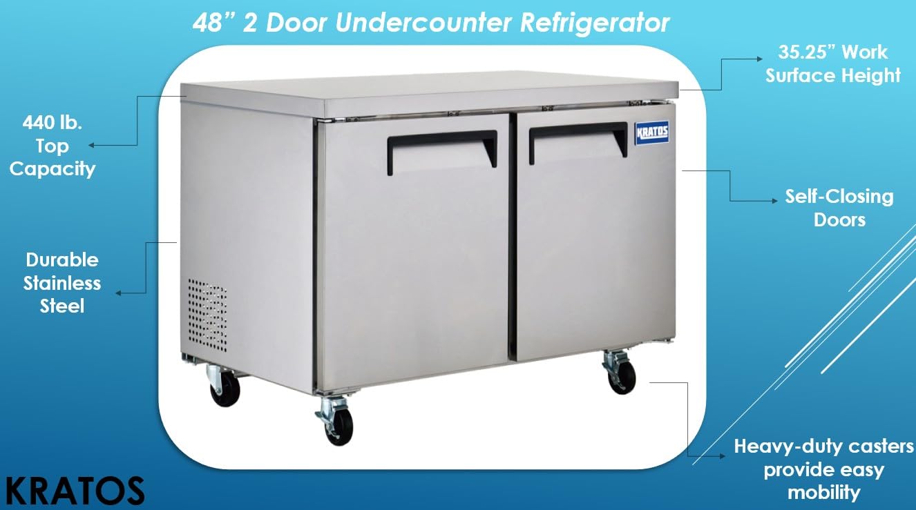Kratos Commercial Undercounter Refrigerator, 48" Wide Mobile 2 Door Refrigerator, Stainless Steel Interior and Exterior, 115V, 11.9 Cubic Ft. (67K-301) on Fridge.com
