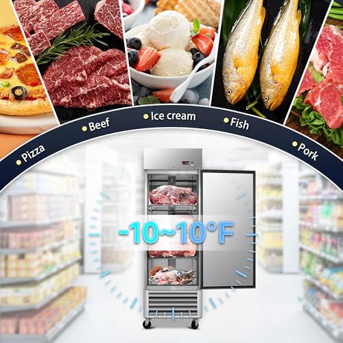 Image of 27 inch W Commercial Upright Freezer with Single-Door: 23 Cubic Feet Storage, Adjustable Shelving, Automatic Defrosting, Precision Digital Thermostat, LED Lights, Safety Locks