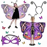 Kuvarix Schmetterling Kostüm Kinder Set, 3 Stück Schmetterlingsflügel Kinder, Schmetterling Umhang mit Maske Stirnband, Faschingskostüm Schmetterling für Karneval, Tanzkostüme, Rollenspiele