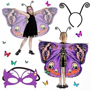 Kuvarix Schmetterling Kostüm Kinder Set, 3 Stück Schmetterlingsflügel Kinder, Schmetterling Umhang mit Maske Stirnband, Faschingskostüm Schmetterling für Karneval, Tanzkostüme, Rollenspiele