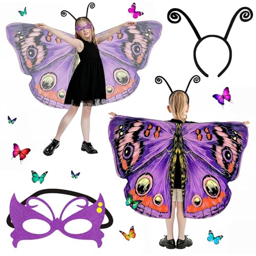 Kuvarix Schmetterling Kostüm Kinder Set 3 Stück Schmetterlingsflügel Kinder Schmetterling Umhang mit Maske Stirnband Faschingskostüm Schmetterling für Karneval Tanzkostüme Rollenspiele