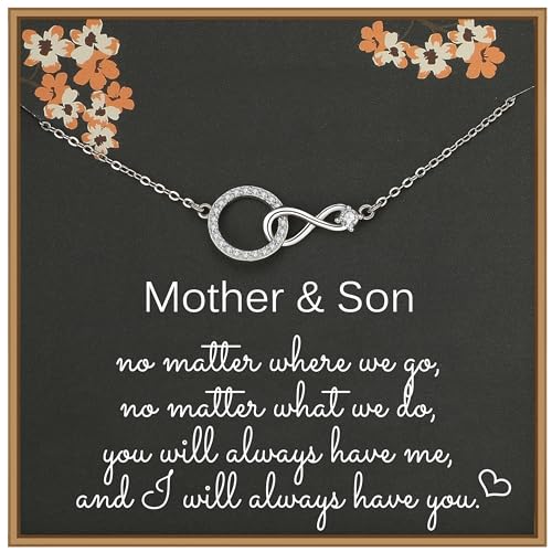 Mother Son Necklace, 925 Sterling Silver Infinity with CZ Circle Pendant, Mother’s Day Gifts for Mom from Son, Mama Necklace