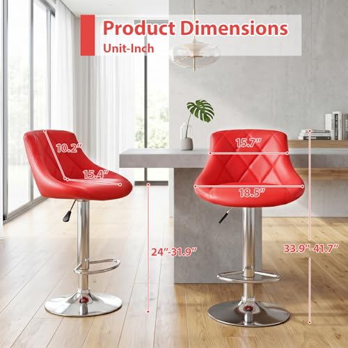 Butacos de Barra Ajustables con Giro de 360°, Asiento Tapizado en Cuero Sintético y Soporte para Pies, Juego de 2 (Rojo Brillante) miniatura 3