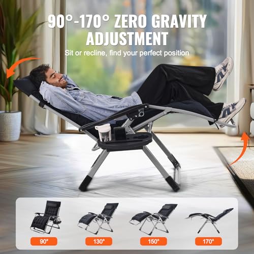 Image of VEVOR Zero Gravity Chair, 33 inch Zero Gravity Recliner Lounge Chair for Indoor and Outdoor, Adjustable Anti Gravity Chair with Cushion, Headrest, Footrest, and Cupholder, 500 lbs, Black