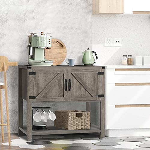 4Ever2Buy Farmhouse Coffee Bar Cabinet With Storage, Sideboard Buffet Cabinet With 2 Doors，Entryway Accent Cabinet With Bottom Shelf，Coffee Bar Console Table For Living Room Hallway, Grey #TOP5