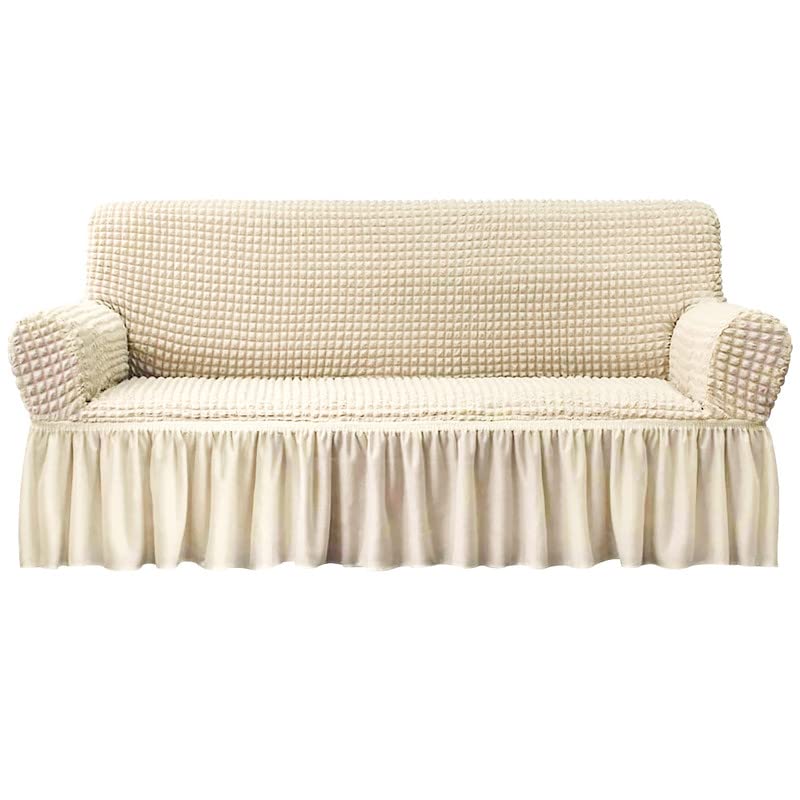 jianyana Sofa Cover 3 Seater with Armrests, 1 Piece Stretch Seersucker Sofa Slipcover with Skirt, Washable and Durable Furniture Protector Cover with Hem