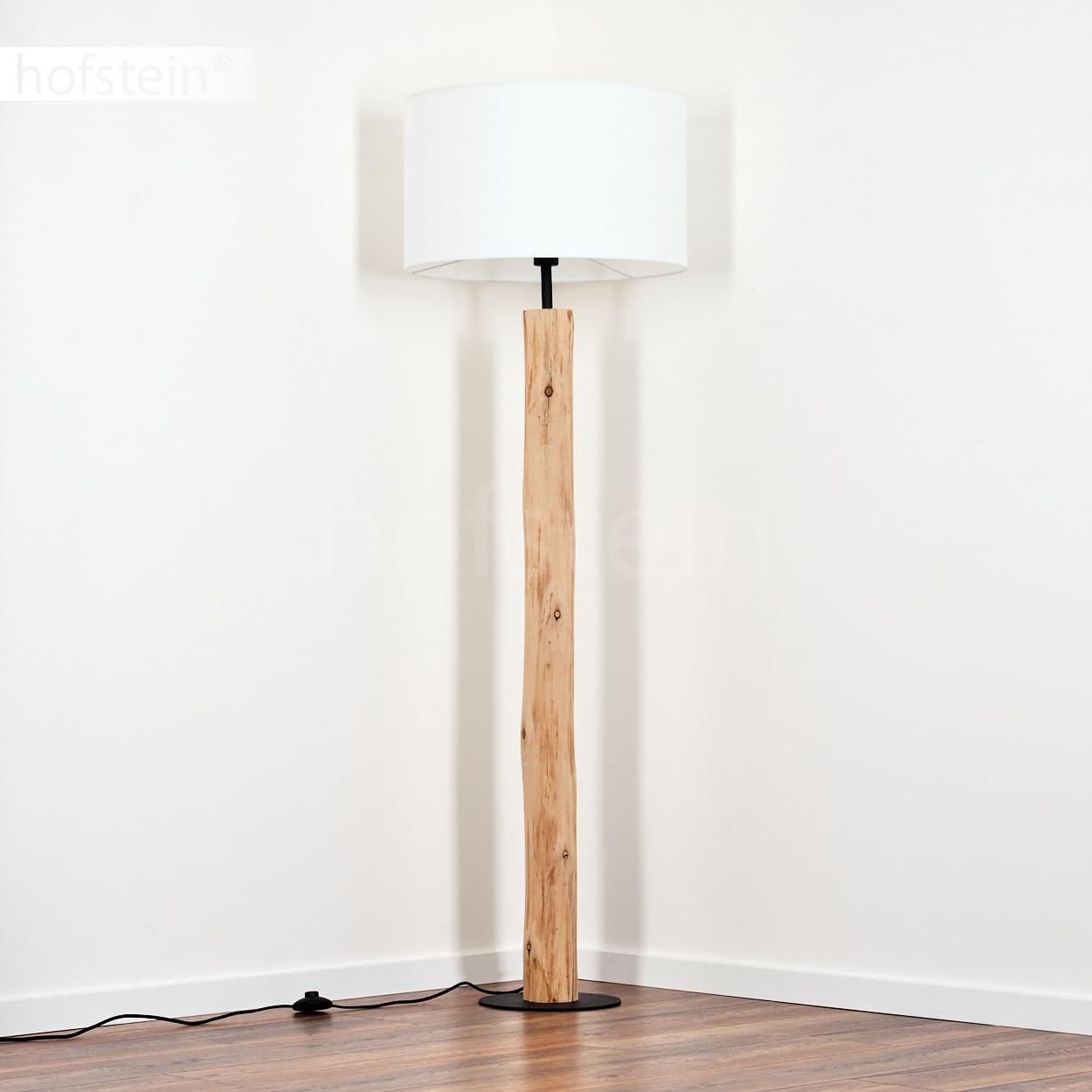Lampada da terra Flemming, lampada da terra in legno/metallo/tessuto colori naturale/nero/bianco, design scandinavo con paralume rotondo (Ø 50 cm) e interruttore a pedale, E27, senza lampadina