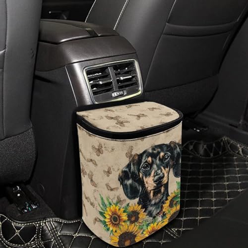 Image of Talayituse Dachshund Sunflower Butterfly Print Car Trash Can with Lid, Leak Proof Auto Trash Bag Hanging Vehicle Garbage Can Multipurpose Storage Container for Back Seat Road Trip