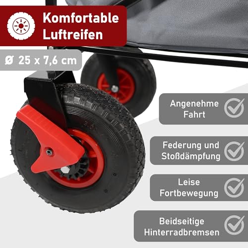 LEMODO Bollerwagen faltbar in grau, Handwagen mit Luftreifen, Leiterwagen mit 120 kg Tragkraft, Faltbollerwagen mit 2 Bremsen, Transportwagen für Hunde, Utensilien und Gepäck – Bild 3