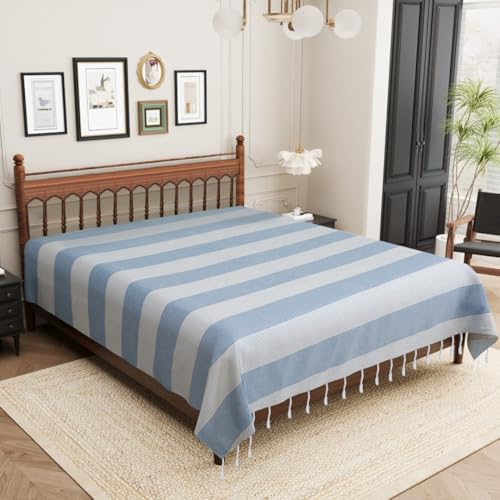 Image of 210 TC Cotton Bedsheet | Handmade Double Bedsheet | Handloom Bedsheets | Without Pillow Cover | Double Bedsheet for Summer |Size (90X100 Inches, 7.5 x 8.3 Feet (Wild Blue Yonder1)